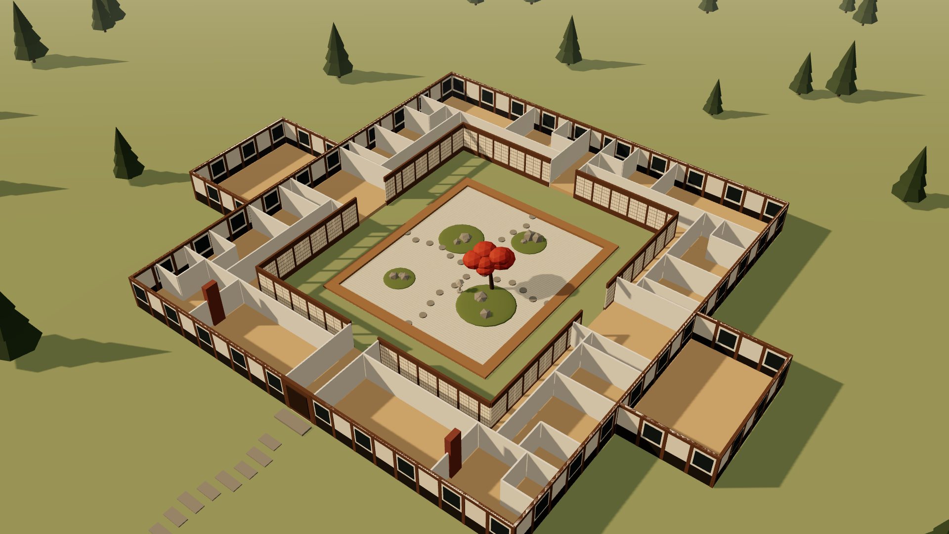 Cutaway model of the four wings around the courtyard, roof removed