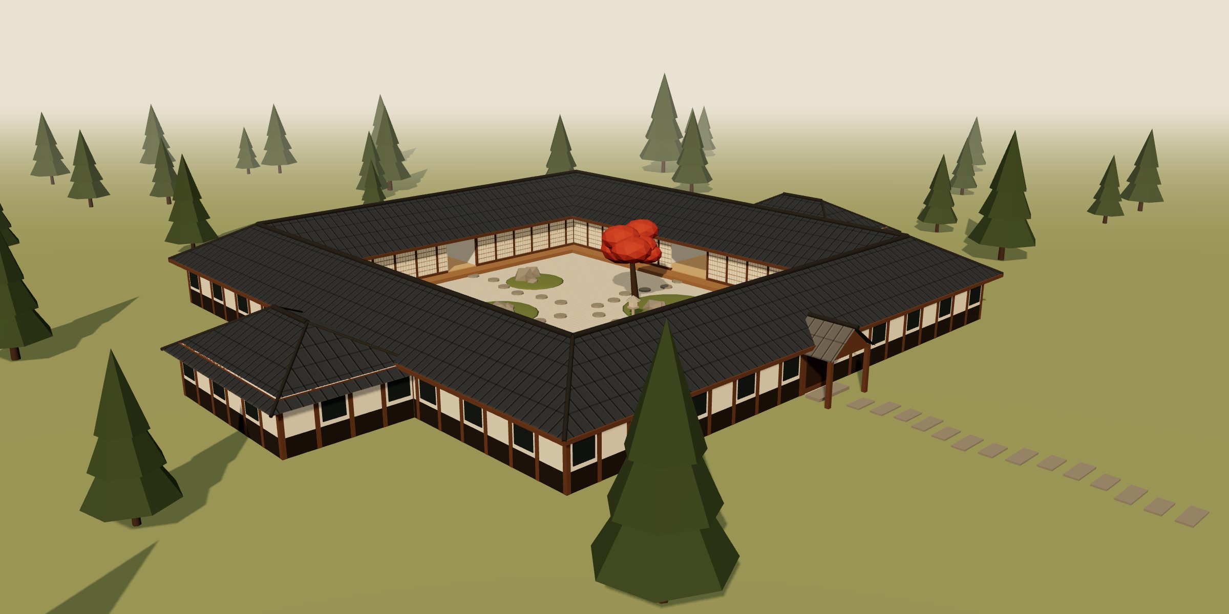 Aerial view of the Commons Estate: a square ring of four timber-and-plaster wings under one dark tile roof, wrapped around a courtyard garden with a red maple